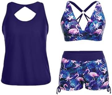 Yonique 3 Piece Tankini Swimsuits for Women Swim Tank Top Bathing Suits with Boy Shorts and Bra Athletic Swimwear M