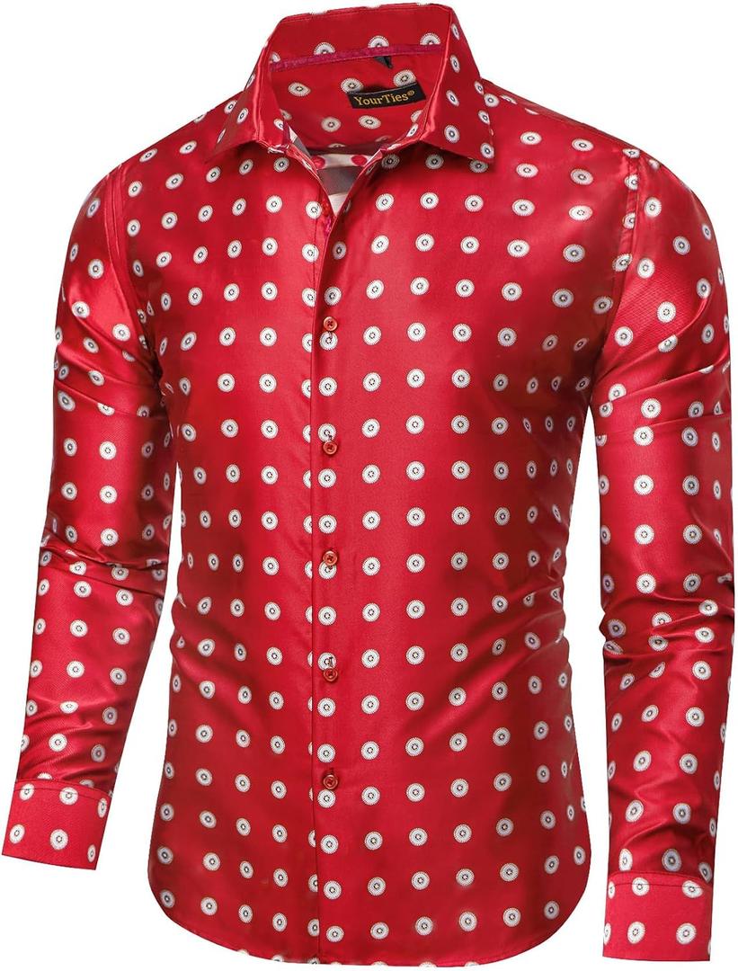 YourTies Mens Silk Paisley Dress Shirt Floral Button Down Shirt Jacquard Long Sleeve Regular Causal Wedding Party Prom Luxury (S)