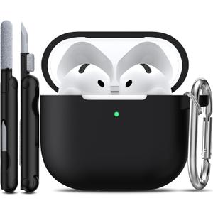 R-fun for AirPods 4 Case with Cleaner Kit,Full Protective Soft Skin Silicone Cover with Keychain for AirPods 4 Gen Case for Men Women,Compatible with Apple AirPods 4th Genaration case 2024,Black
