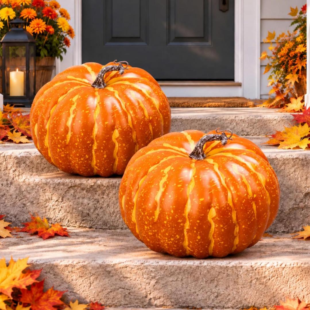 Colingmill 2Pcs 9.84" Realistic Fall Faux Pumpkin Foam Decor Autumn Harvest