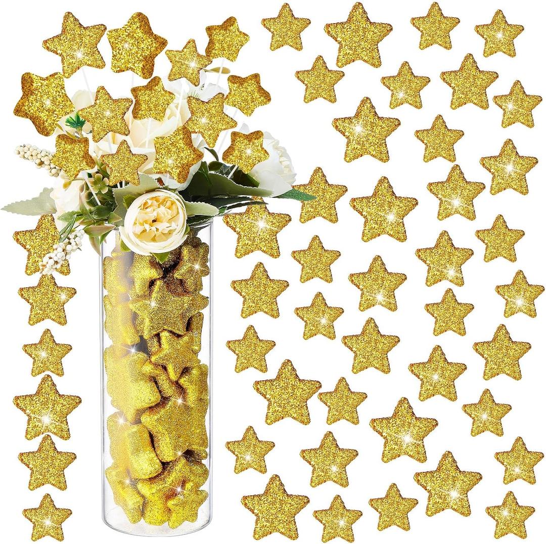 60 Pcs Glitter Foam Star Vase Fillers Table Decor Floating Glitter Foam Filler Ornaments Candle Centerpieces for Wedding Christmas Table Scatter, 3 Size(Classic,Gold)
