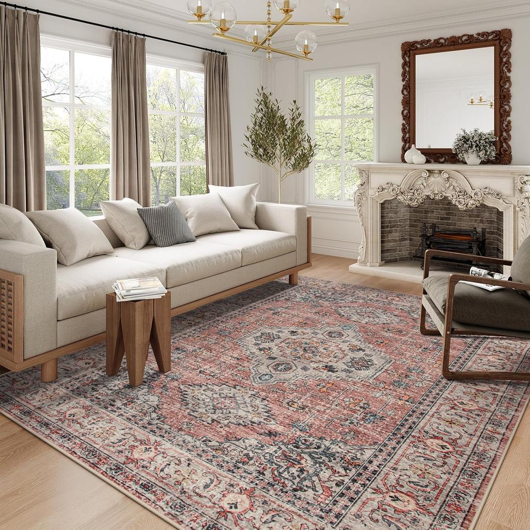 Lahome Oriental Washable Rugs 8x10, Non-Slip Soft 8x10 Rugs for Living Room Bedroom, Stain Resistant Ultra-Thin Vintage Accent Carpet for Dining Room Office, Peach/Orange (Terracotta)