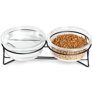GDCZ Elevated Cat Bowl Stand, 11.6 in Metal Stand with 2 Removable 20 OZ Glass Bowls for Pet Food and Water, Stand Reduces Cat Neck Burden, Transparent