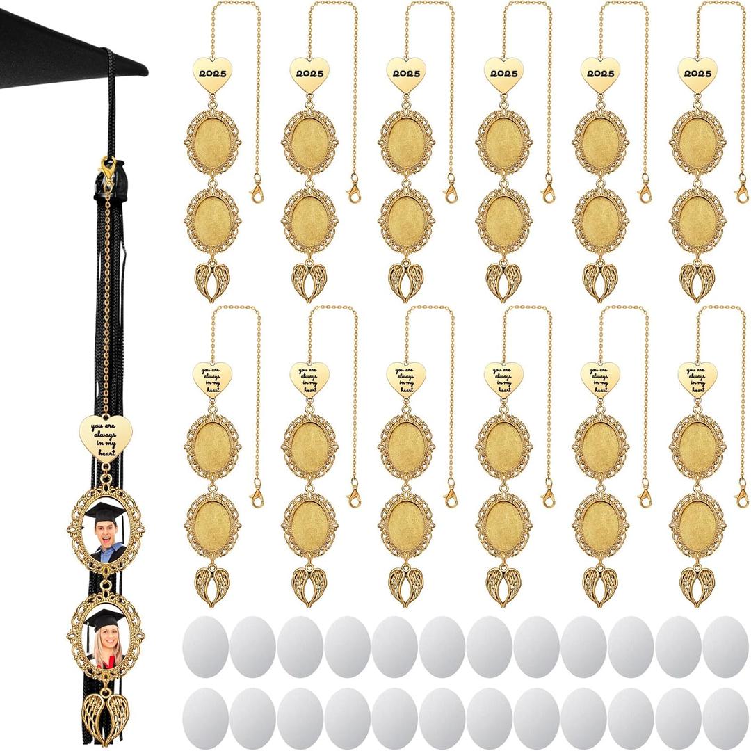 Landical 12 Pcs Sublimation Graduation Cap Memorial Photo Tassel Charm for Class 2025 Graduation Cap Personalize Blank Tassel Pendant Ceremony Gift Decoration Ceremony Gift to The Hat Topper(Gold)