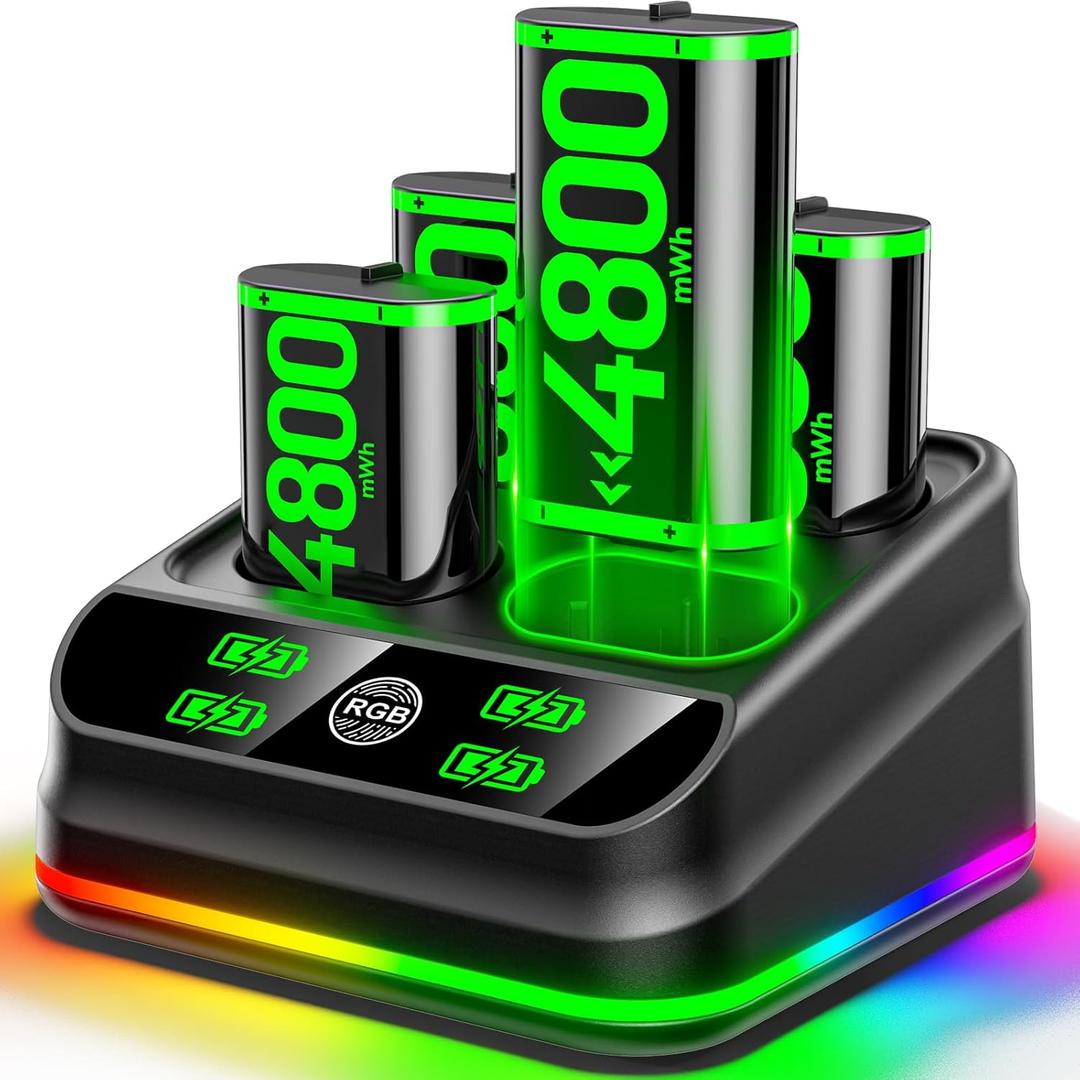 4x4800mWh Rechargeable Battery Pack for Xbox with Charger, Controller Batteries Pack with Charging Station for Xbox One/S/X/Elite Controllers, Xbox one Cases and Storage Sets (Black)