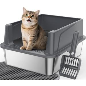 FURTIME Stainless Steel Cat Litter Box with Lid, Metal Kitty Litter Box for Small Cats, Kitten Litter Boxs with Scoop and Mat, Non-Sticky, Anti-Leakage, Easy to Clean, 17"x13"x8.4" (Small) (Grey)