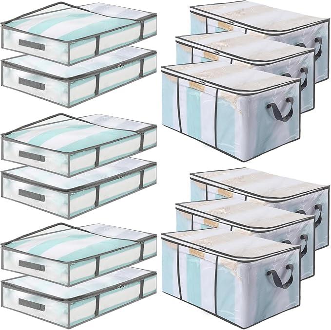 SATINIOR 80L 12 Pack Clear Large Storage Bags 6 Under Bed Storage Containers and 6 Clothes Containers for Organizing Closet Collapsible Foldable Organizer Blanket Clothes Bins with Zipper for Bedroom