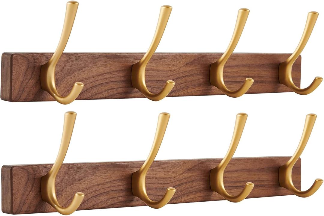 2 PCS 16 Inch Walnut Wood Coat Rack Wall Mount with 4 Hooks, Adhesive & Drilling Mounted Heavy Duty Wooden Wall Coat Hanger Hanging Towel Clothes Hat Bag Purse Key Jacket Backpack Holder Gold