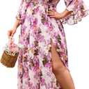 EYWOL Wedding Guest Dress Plus Size Ruffle Bell Sleeve V Neck A Line Flowy Empire Waist Maxi Dresses with Slit (Pink, M)