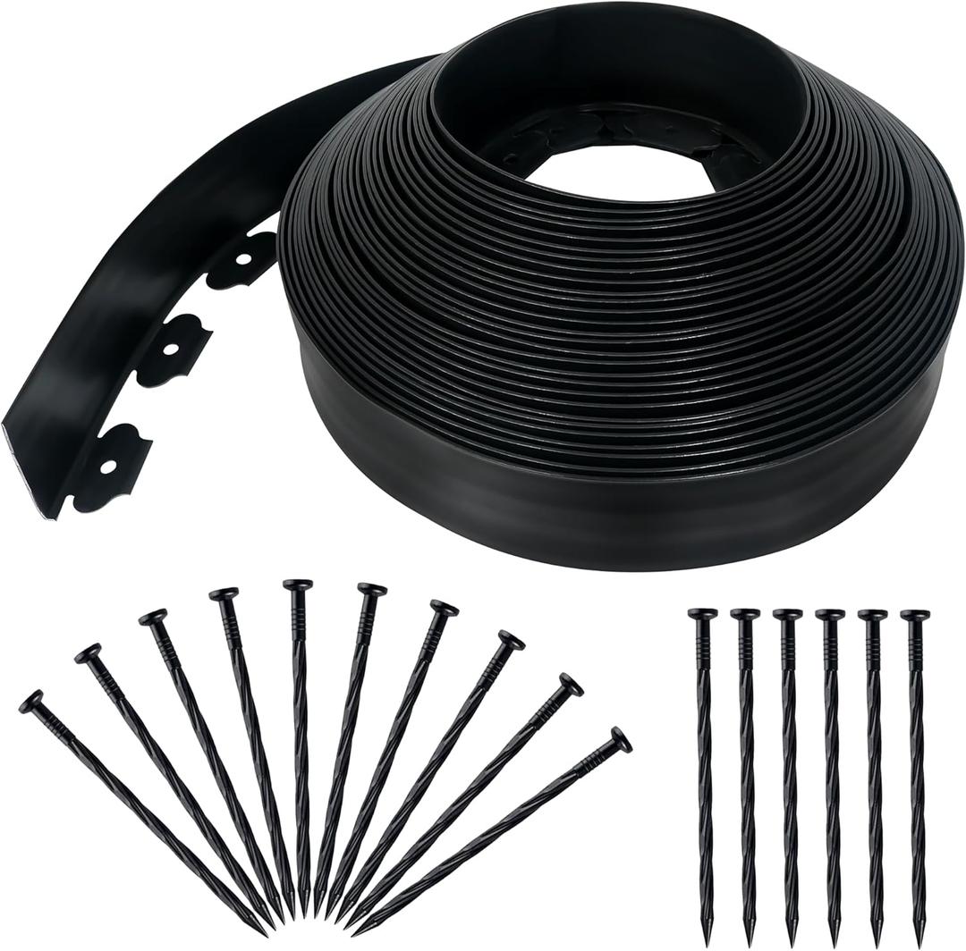 Quibbay 3.15" x 100' No Dig Landscape Edging, Flexible Garden Edging Borders with 150 Anchoring Spikes, Plastic Lawn Edging for Landscaping Garden Flower Beds Grass Yard Paver Pathway, Black