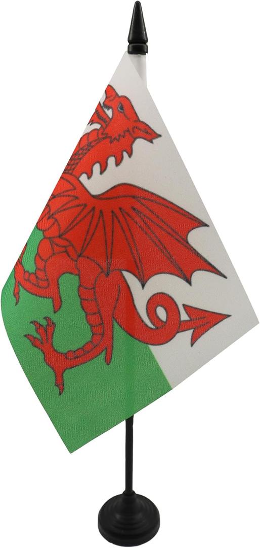 Wales Table Flag 4'' x 6'' - Welsh Desk Flag 15 x 10 cm - Black plastic stick and base - AZ FLAG