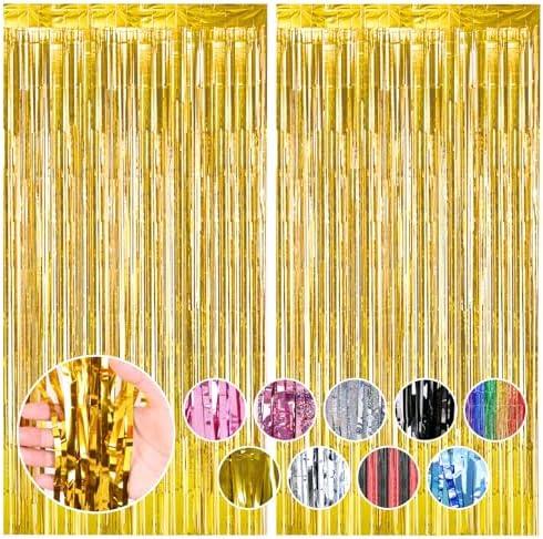 RUBFAC 2 Pack Gold Backdrop Party Decorations Tinsel Foil Fringe Curtains Photo Booth Streamer for New Year Decorations Bachelorette Wedding Engagement Birthday Holiday Celebrations Supplies, Set of 3