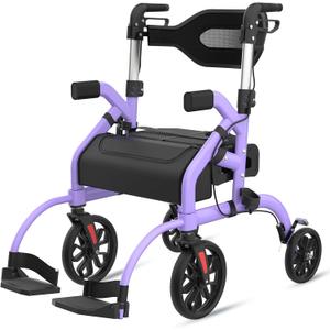 Walkers for Seniors, 2 in 1 Rollator Walker with Seat, 10" Front & 8" Rear Big Wheels, Walker Wheelchair Combo, Foldable Transport Chair, Adjustable Handles Height, 310 Lbs Capacity, Purple