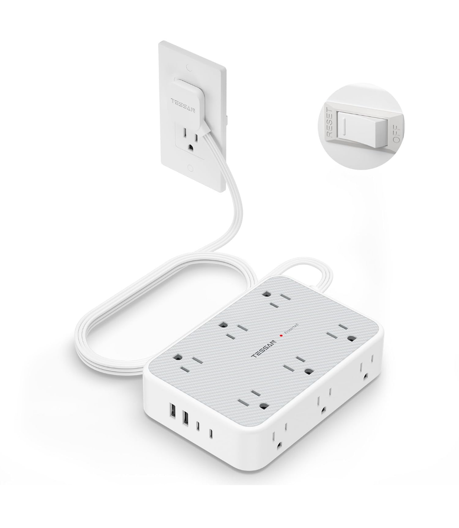 TESSAN Extension Cord 10 ft Surge Protector Power Strip, 12 Outlet Extender with 4 USB (2 USB C), 1800 Joules Protection, Flat Plug, Flat Extension Cord with Multiple Outlets, for Home, Office, Dorm