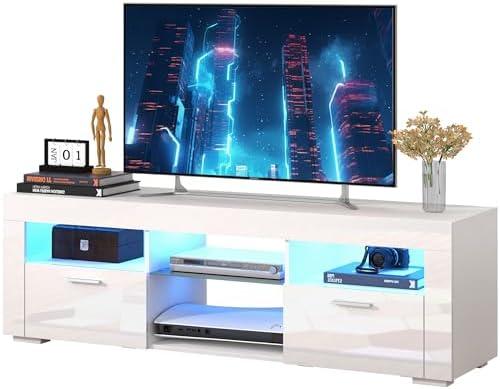 SANYOAC White TV Stand for 50/55 Inch, Entertainment Center With LED Lights, Modern Stand for Bedroom, Console With Storage and Shelves for Living Room