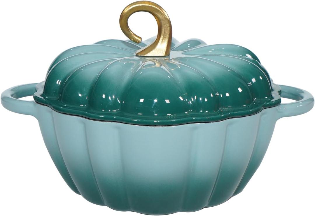 Pumpkin Enameled Cast Iron Dutch Oven with Lid, 4.5 QT Dual Handles and Heavy Duty Pot, Oven Safe up to 500F for Bread Baking, Braising, Cooking and Family Gifts, Cyan