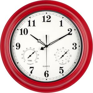 Outdoor Clocks Waterproof, 18 in Large Outdoor Clock for Patio w/Thermometer Combo, Silent Battery Operated Decorative Retro Wall Clock for Living Room/Bathroom/Pool/Indoor, Red