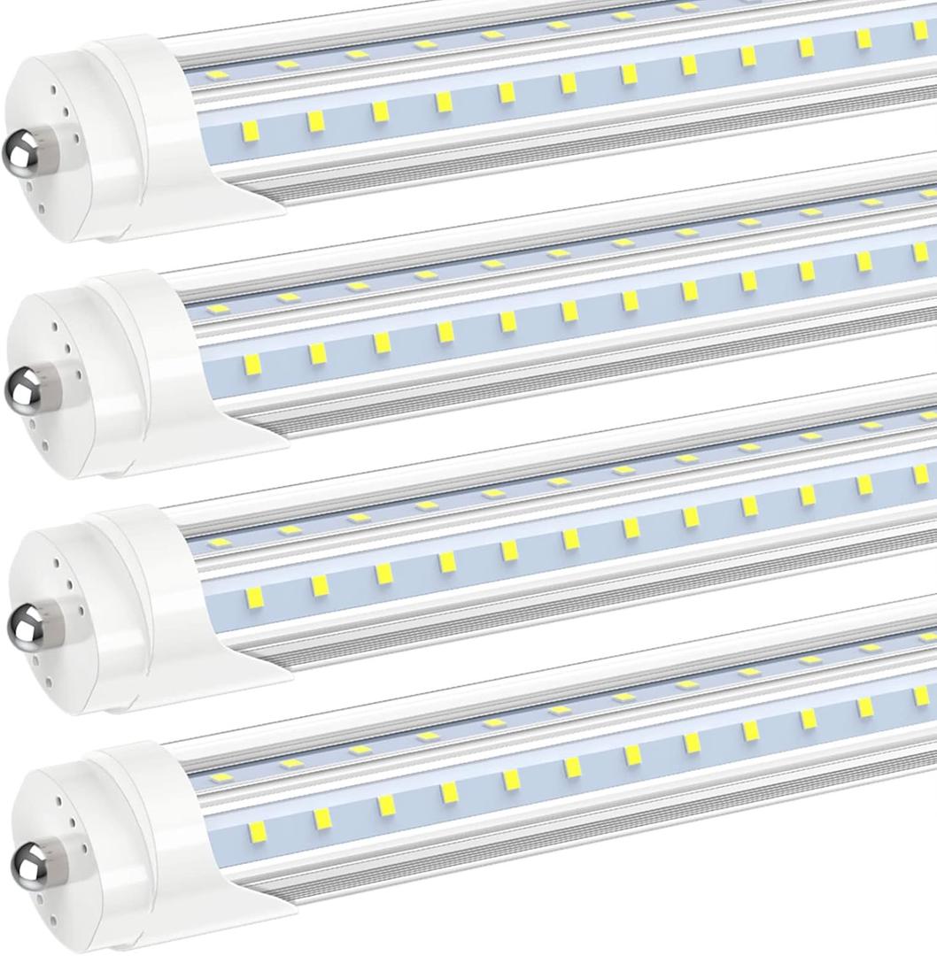 JESLED T8 T10 T12 8FT LED Light Bulbs, Single Pin Fa8 Base, 8 Foot LED Fluorescent Tube Replacement, 50W 6000LM, 5000K Super Bright, V Shape, ETL Listed, Ballast Bypass, Garage Shop Lights (4-Pack)