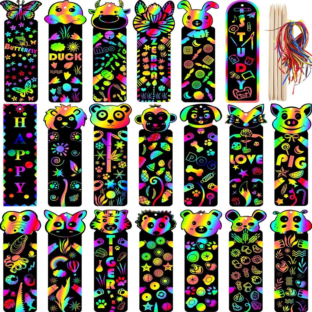 Blulu 100 Pieces 20 Styles Valentines Animal Scratch Art Bookmarks for Kids Scratch DIY Bookmark Crafts with 100 Pcs Ropes 20 Pcs Wood Stylus for Boys Girls Students Classroom