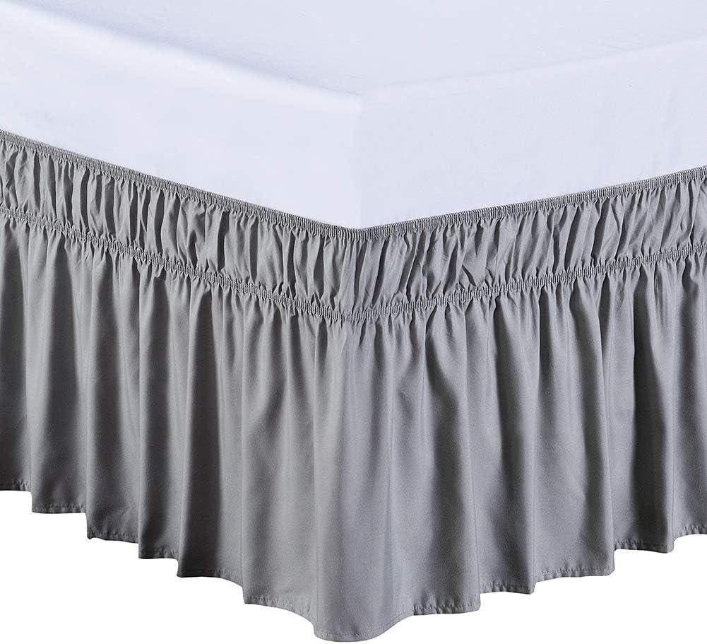 MEILA Wrap Around Bed Skirt Three Fabric Sides Elastic Dust Ruffled 16 Inch Tailored Drop,Easy to Install Fade Resistant-Grey, Queen/King