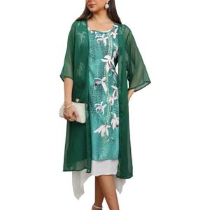 Honwenle Women's Linen Dress 2 Piece Outfit Floral Sleeveless Loose Maxi Summer Dresses with Jacket Formal Casual (Green-floral, Large)