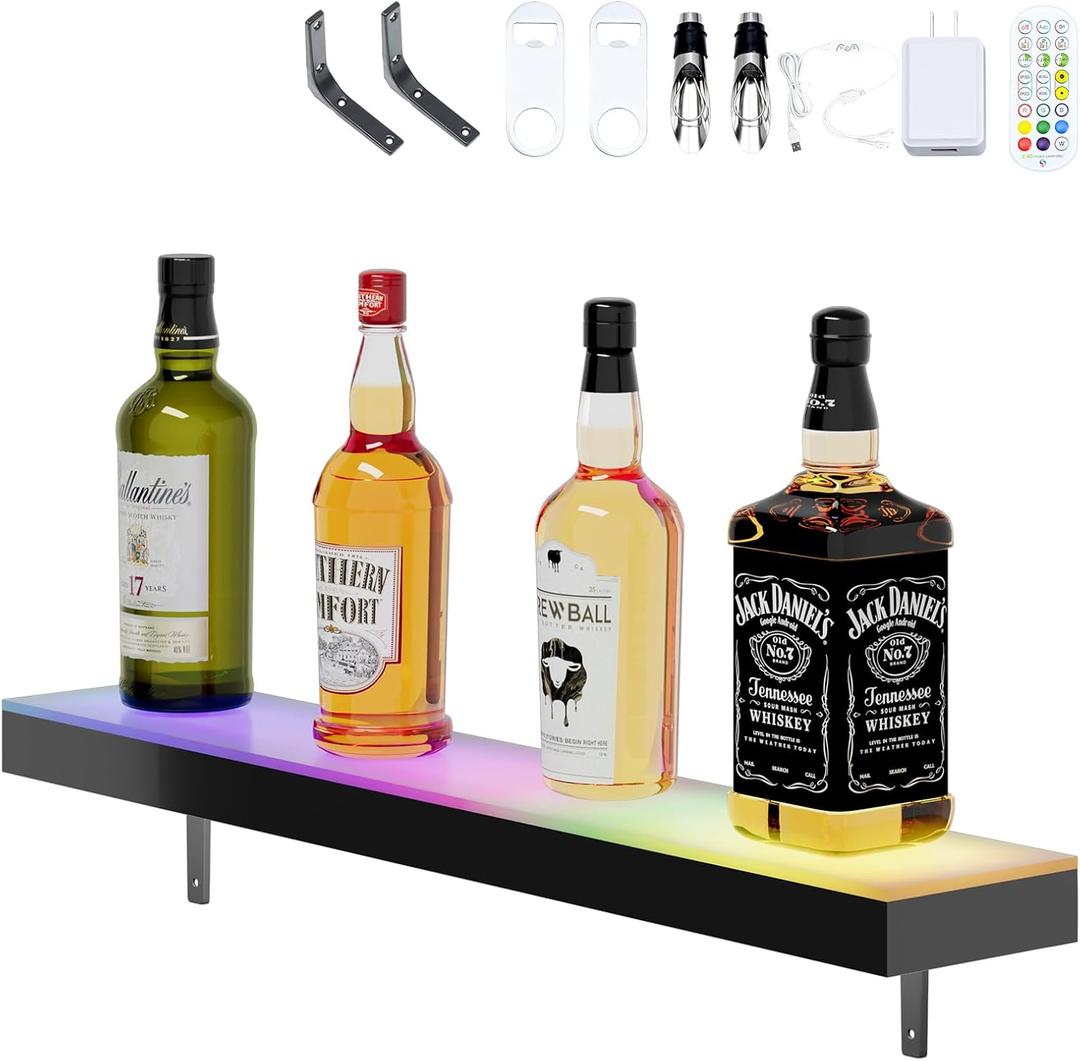 Dethan 1 Tier 24 Inch Liquor Bottle Display Shelf  Wall-Mounted Acrylic Wine Rack for Home Bar, Kitchen, or Restaurant Use  Modern Alcohol Bottle Organizer for Counter or Wall