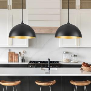 Black Pendant Lights Kitchen Island 2 Pack, 14 Inch Large Dome Pendant Light, Black and Gold Farmhouse Pendant Light, Island Pendant Lights for Kitchen, Dining Room, 14"x2