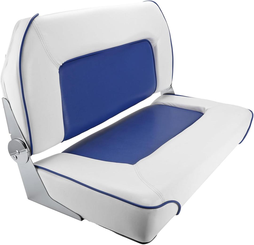 Double Boat Folding Seat, Waterproof Low-Back Seat for T-Top, Fishing, Bass, Jon Boats (White and Blue)