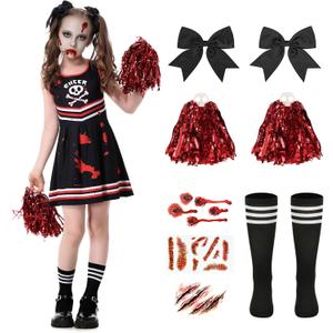 Halloween Cheerleader Costume for Girls, Zombie Cheer Uniform Outfit, Scary Cheerleading Costume for Party Dress Up (9-10Years)