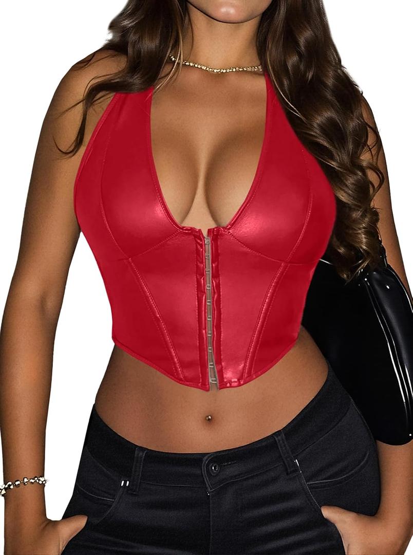 Women's Y2K Leather Halter Top Backless Corset Bustier Top Lace Up Sexy Going Out Crop Tank Halter Neck Party Club, XS