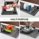 Roll Up Dish Drying Rack Over The Sink, 304 Stainless Stee Dish Drainer, Foldable & Adjustable Sink Drying Rack for Kitchen Sink Counter with Utensil Holder (Gray, Roll Up,Medium,Expandable)