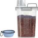 LEAWALK 3-5Lbs/3Qt Dog Cat Food Storage Container With Foldable Bowl. Plastic Pet Food Dispenser for Small Animal Kibble/Pet Food/Bird Seed/Oatmeal/Rice/Flour/Brown Sugar/Cereals (Clear Grey)