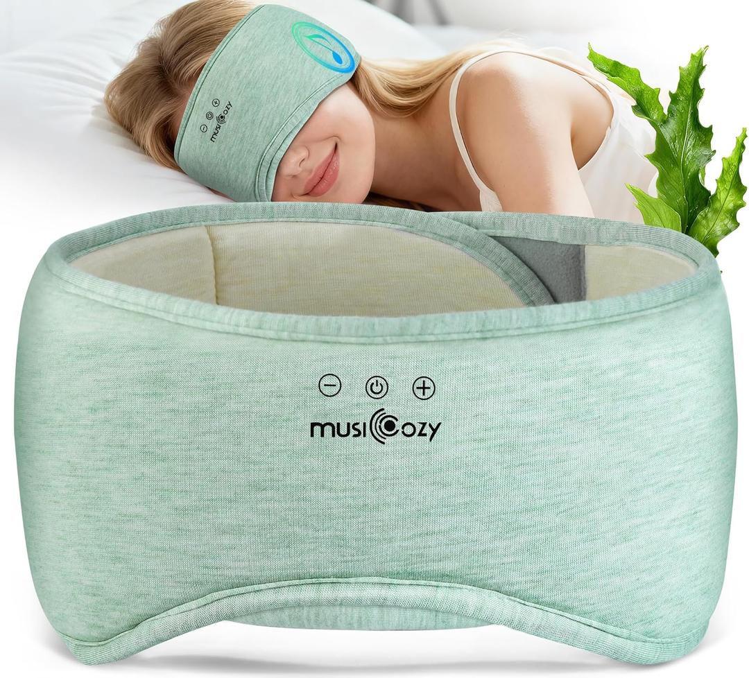 MUSICOZY Bluetooth 5.4 Sleep Headphones Eye Mask with Seaweed Fiber Cotton, Ultra Soft Fully Wrapped Sleep Mask with Headphones for Side Sleepers, 14 Hours Playtime, Gifts for Men Women (Light Green)