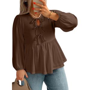 AlvaQ Plus Size Babydoll Tops for Women Dressy Tendy Long Sleeve Crewneck Bow Tie Front Peplum Blouse Shirts,Coffee 1X
