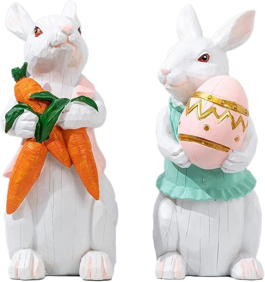 PEACELOVER Easter Bunny Figurines Hand Painted, Resin Bunny Statues Weather Resistant, 4.72 Rabbit Statue Decor Tabletop Ornament Set of 2 with Carrots and Eggs(White Set)