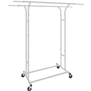 Silver Heavy Duty Double Rod Garment Rack for Hanging Clothes Chrome, Commercial Rolling Clothes Organizer Commercial Metal with Lockable Wheels Mobile for Coats Dresses