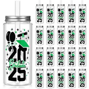 Vesici 24 Pcs Graduation Plastic Cups with Lid and Straws 13.5 oz 2025 Graduate Tumblers Graduation Gifts Drinking Cups with Decorative Bows for Class of 2025 Party Favors Decorations(Green)
