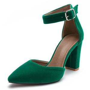 fereshte Women's Chunky Block Heels Closed Toe Ankle Strap Pumps Pointed Toe High Heel Dress Shoes, Velvet Emerald Green US: 10