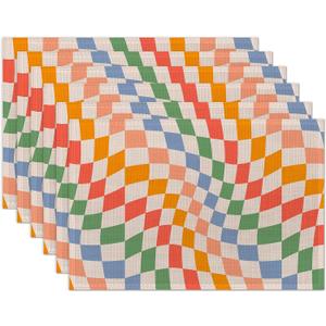 Groovy Retro Wavy Checkered Orange Placemats Set of 6 Place Mats for Kitchen Table Washable Farmhouse Linen Table Mats Dining Decoration 12x18 Inch