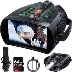 4K Night Vision Goggles, 4.0" HD Screen Night Vision Binoculars with 5000mAh Rechargeable Battery, 64GB TF Card for Photo & Video, Infrared Binocular for Adults, Camping, Wildlife Observation (Black2)