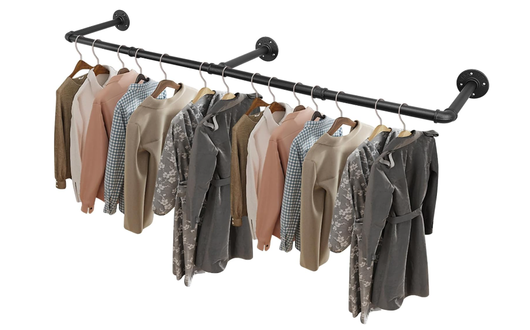Livabber Industrial Pipe Clothes Rack, Heavy Duty Detachable Iron Garment Rack Wall Mounted, Rustic Saving Space Clothes Bar MultiPurpose Hanging Rod for Bedroom, Closet, Black (50 Inch)