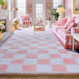 KICMOR 5x8 Area Rugs for Living Room, Light Pink and White Fluffy Shag Large Fuzzy Plush Soft Bedroom Carpets, Indoor Floor Shaggy Checkered Rug for Kids Baby Girls Room Playroom Nursery Home Decor
