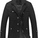 Tebreux Men's Winter Pea Coat Slim Fit Single Breasted Short Wool Jacket Woolen Trench Coat (Black, L)