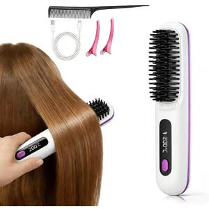 Cordless Hair Straightener Brush, Mini Travel Straightener Comb with 200 Million Negative Ions, 3 Temp Settings, 20s Fast Heating, Type-C Rechargeable Portable Hair Styling Tool for Women (White)