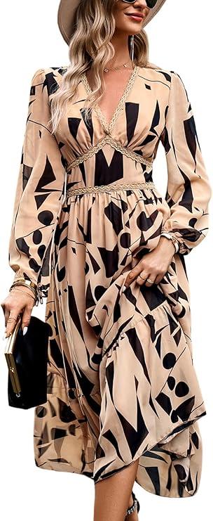 Women's Spring Wrap Maxi Dress Floral V Neck Long Sleeve Wedding Guest Party Casual Chiffon Dress, XL, Brown Geometry