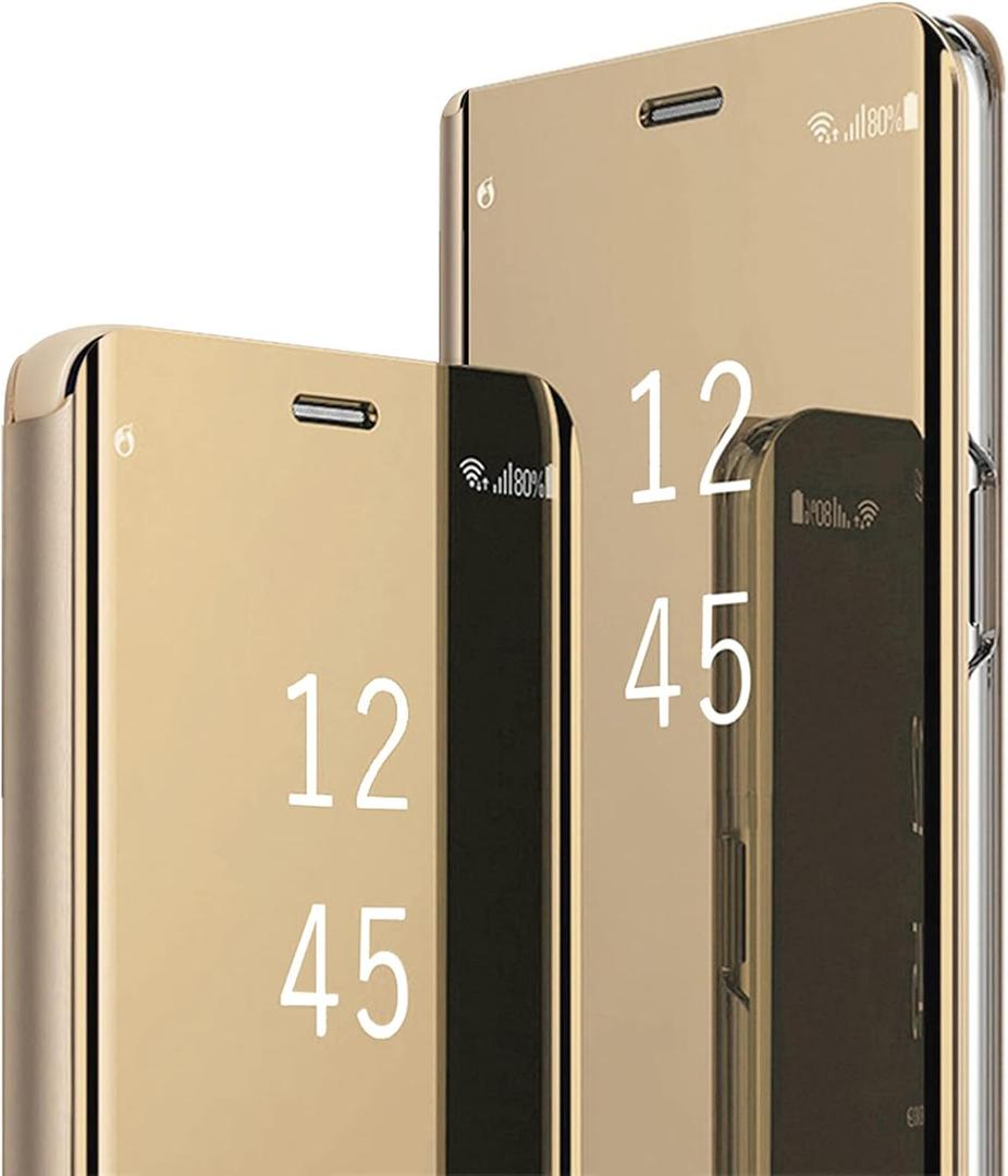 17 Pro Max Case Compatible with iPhone 17 Pro Max 5G Cell Phone Case with Kickstand, PU Leather, Clear View Makeup Mirror Flip Cover, Shockproof Protective Cover for iPhone 17 Pro Max 5G (Gold)