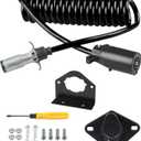 WATERWICH 7 Wire to Wire 6 Trailer Plug Kit with Female Receptor & 7 Pin to 6 Pin Trailer Adapter Coiled Cable & Mounting Bracket, 8FT Waterproof Flexible Cable (Black)