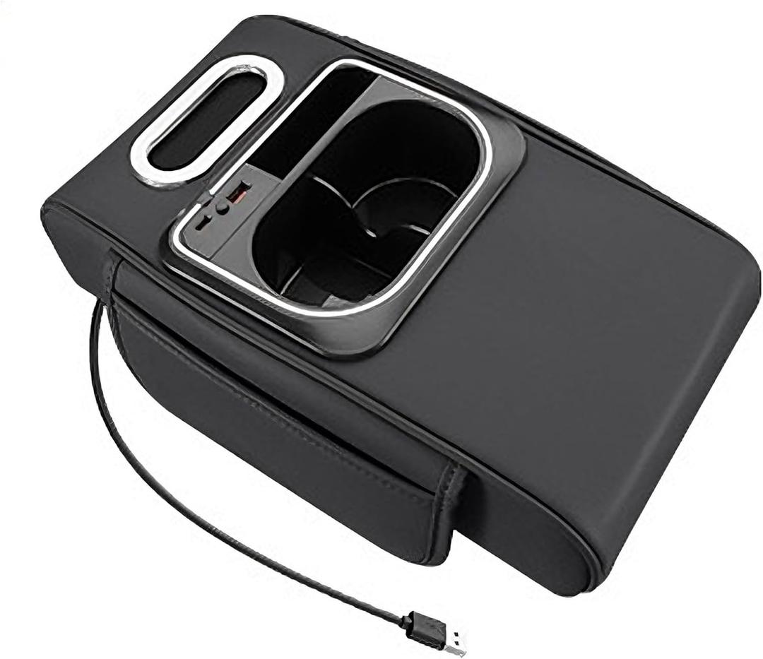 Universal Car Armrest Box Height Increasing Pad, Multifunctional Storage Box with Tissue Holder, Cup Holder, Ambient Light, USB Charging Port (Black)