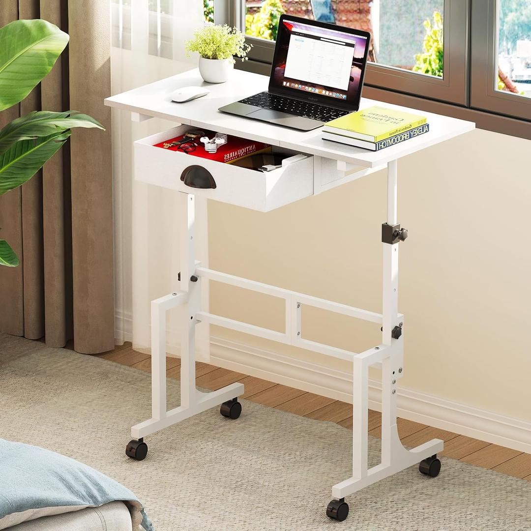 Cidaziya Adjustable Height Standing Desk for Walking Pad Treadmill, Portable Rolling Desk for Laptop with Drawer, Small Moblie Sit to Stand Desk On Wheels with Stiffener for Home Office Dorm Bedroom (White)