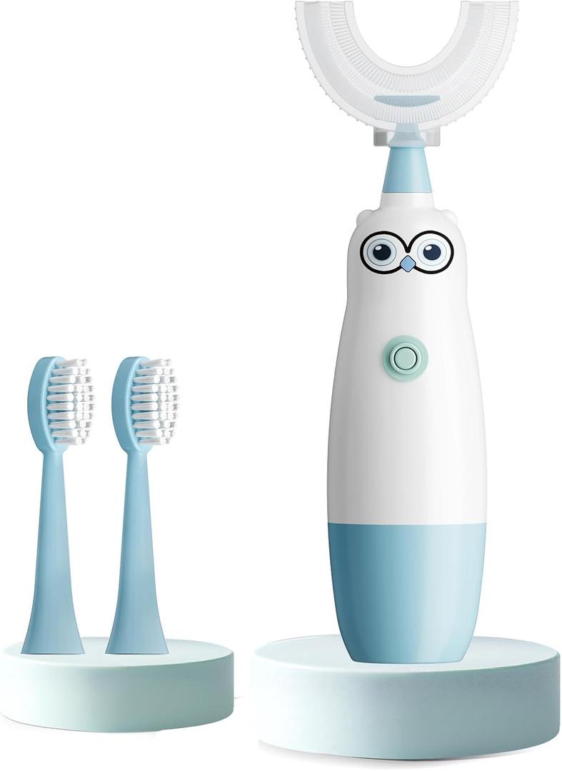 Kids Electric Toothbrush360-Degree Sonic Vibration, IPX7 Waterproof,Toddler U Shaped Toothbrush with 2 Soft Brush Head,Cute Owl Design Baby Toothbrush for Ages 813Blue